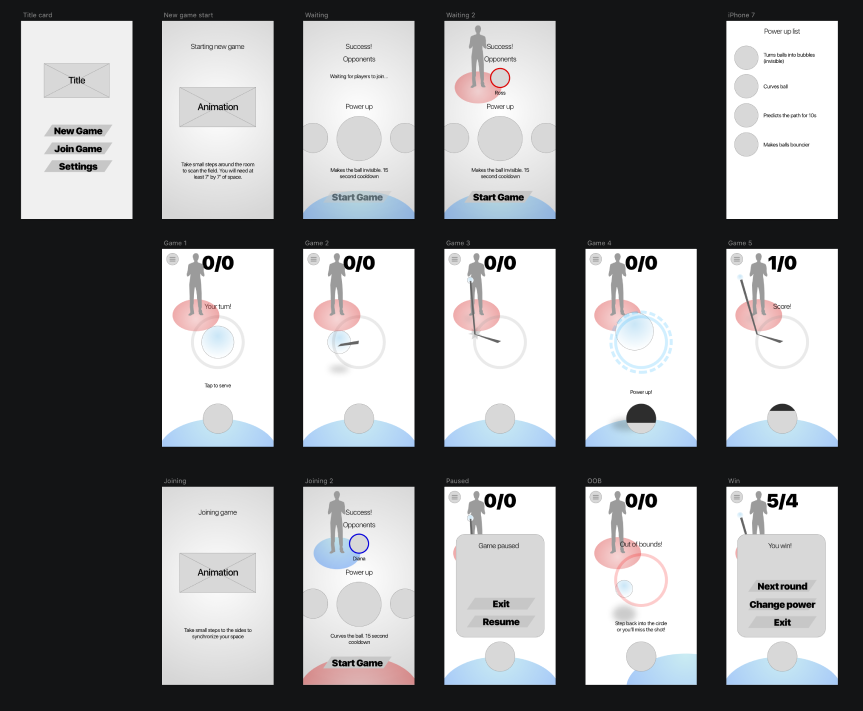 A series of wireframe screens