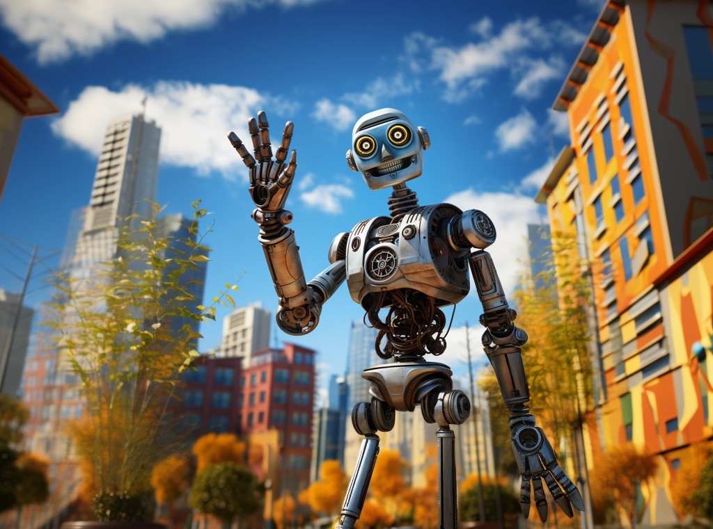 A robot waving hello in a city backdrop