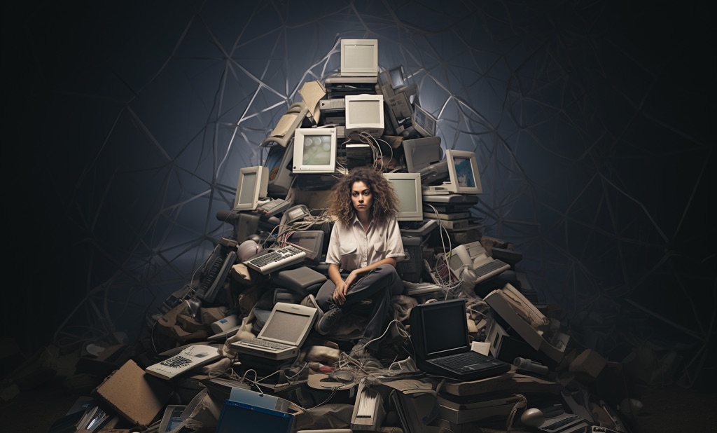 A woman sitting on top of a pyramid of old computers