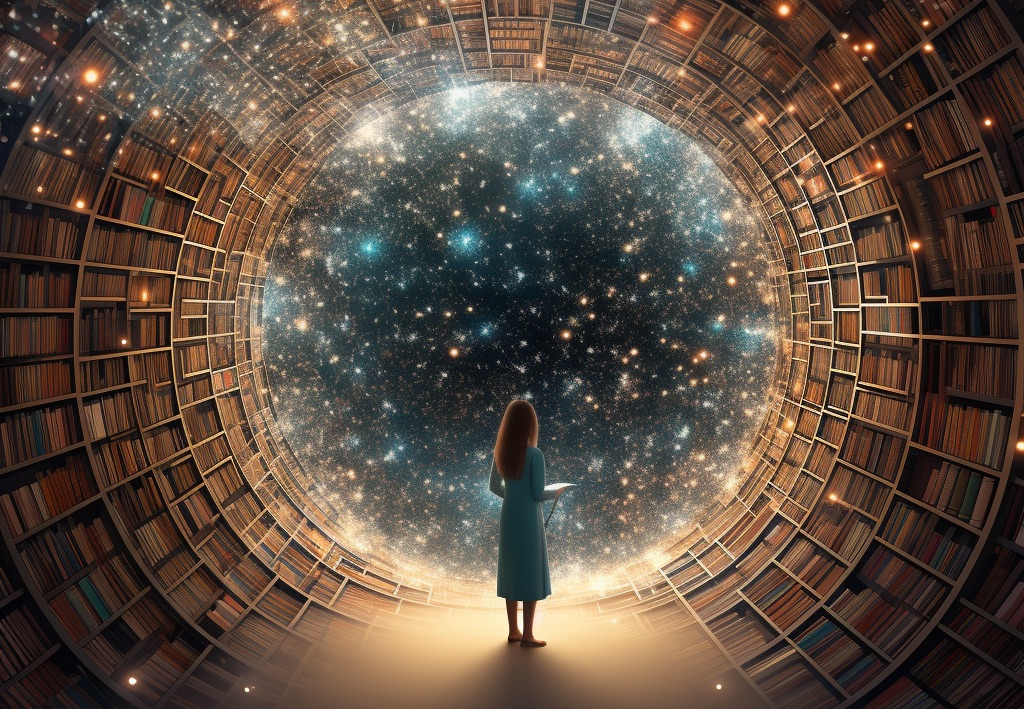 A woman standing in the center of a web of knowledge linked together in the shape of an orb