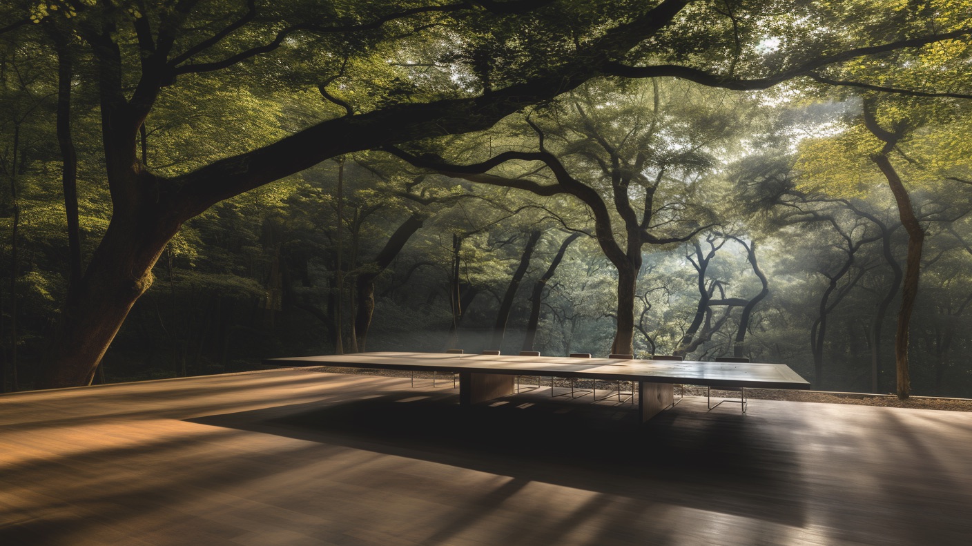 A large wooden table in the middle of a forest