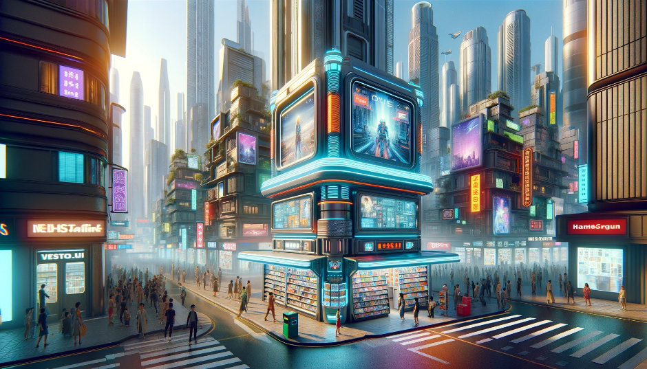 An AI generated image of a newsstand set in a futuristic city