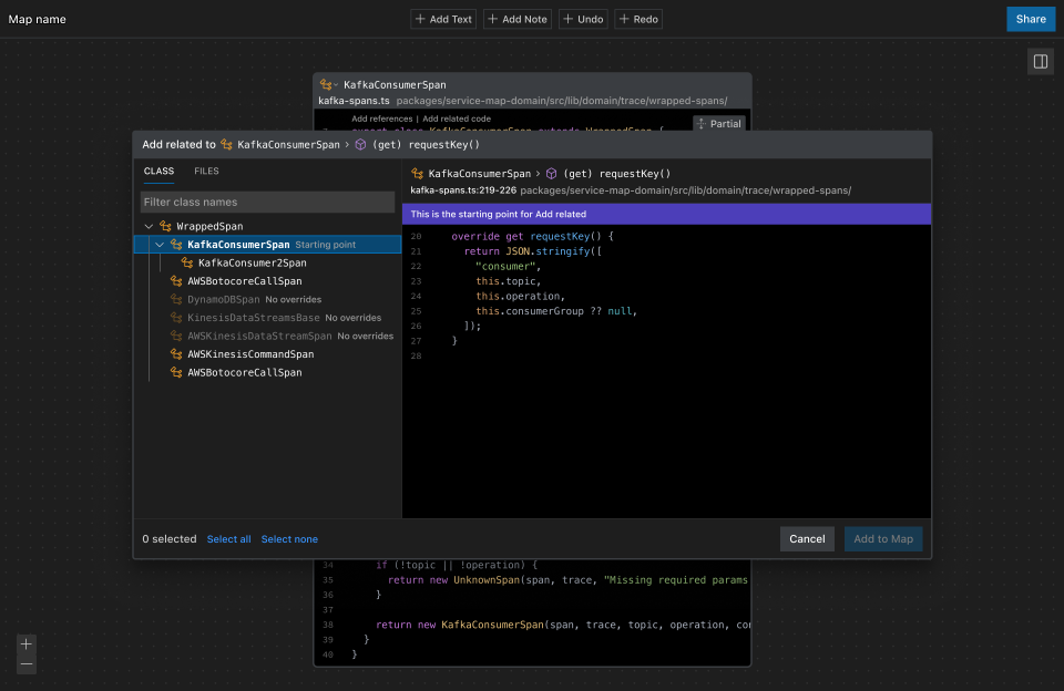 A dialog with class hierarchy on the left and a source code view on the right inside of the Function Maps UI.
