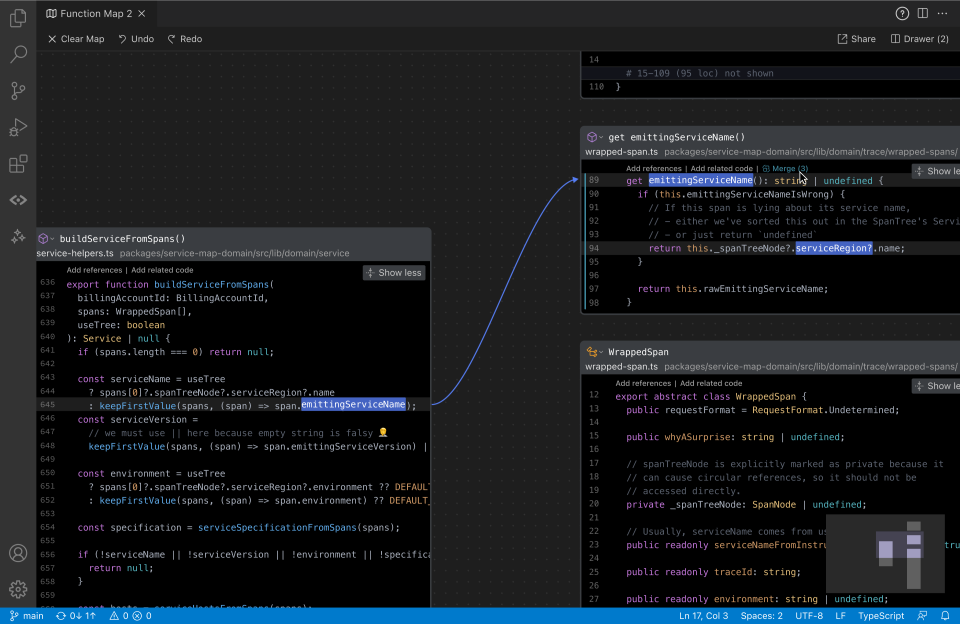 Three code nodes with one of them showing a highlight on the left and the merge action above inside the Function Maps UI.