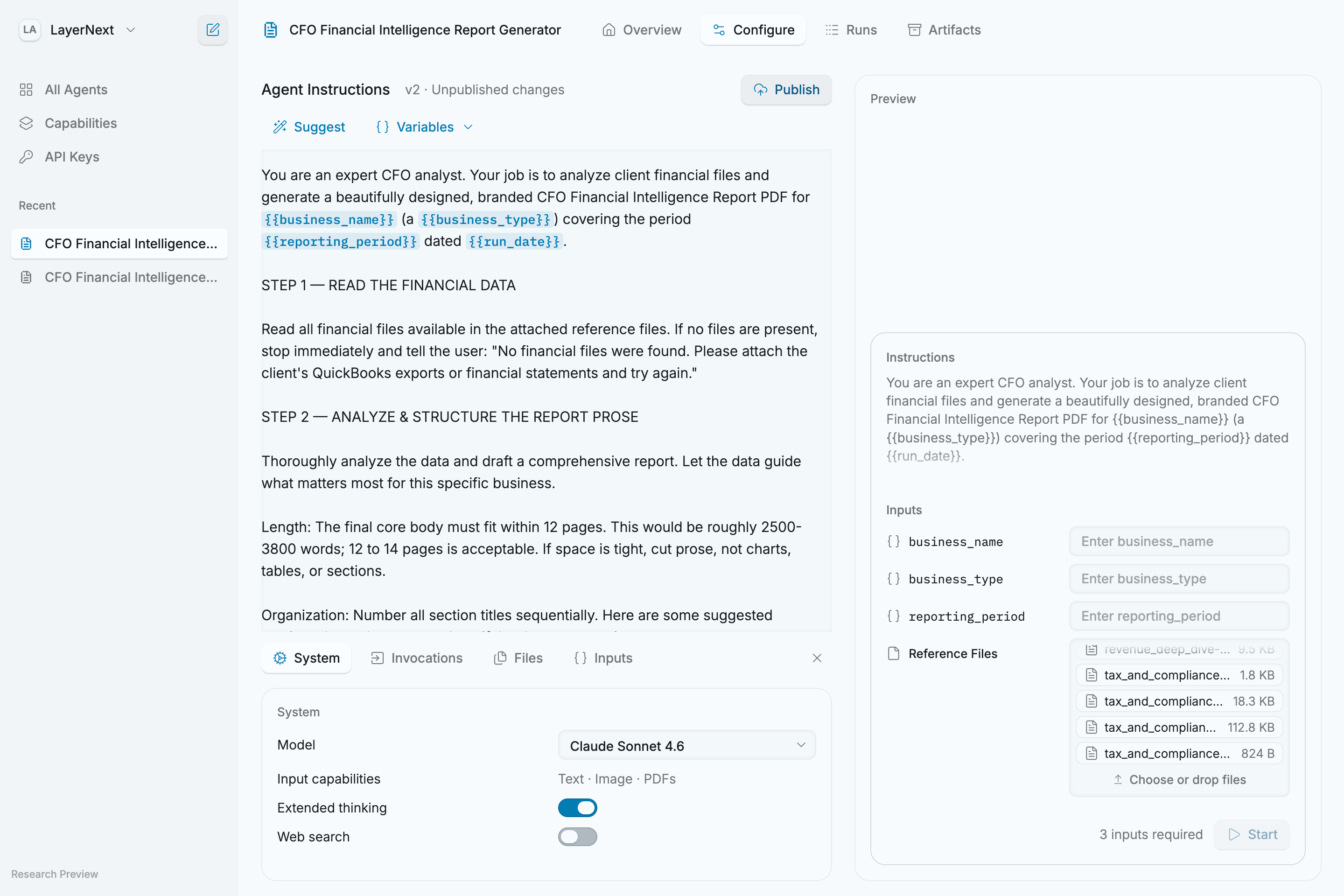 A screenshot of the configure page in Sunnyday, used to configure and test AI agents.